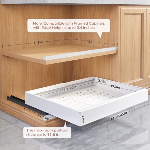 Seinloes 2 Pack Pull Out Cabinet Organizers 21"Deep with Raising Pad for Framed Cabinets,Expandable Slide Out Drawers Upgrade 3 Slide Rails,Roll Out Shelves Adhesive,Adjustable Width 12"-20.45" White - color: White, size: 12"-20.45"Wide x 21"Deep(2 Pack)