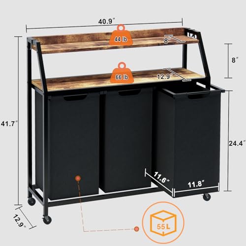 Timberer Laundry Hamper, Laundry Sorter 3 Section, Rolling Laundry Basket with Wheels, 2 Shelves, 3 × 14.5 Gal, Pull-Out and Removable Oxford Fabric Bags, for Laundry Room, Black and Rustic Brown - color: Black + Rustic Brown, size: 3 Bags (40.9"L x 12.9"