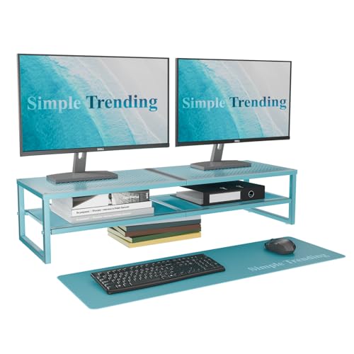Simple Trending 2 Tier Metal Dual Monitor Stand Riser, Computer Office Desktop Organizer for 2 Monitors with 32"x10" Mouse Pad for Laptop, Printer, TV, Blue - color: Blue