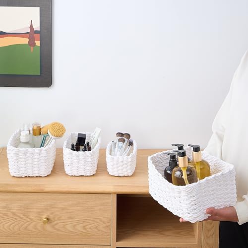 4PCS Woven Storage Baskets Set, Small Baskets for Organizing, Square Handwoven Paper Rope Organizer Bins for Shelves and Home Storage (White) - color: white