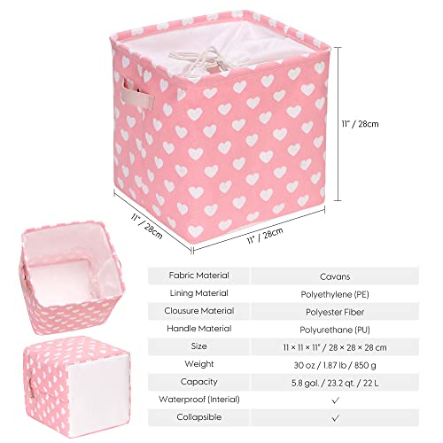 Hinwo 3-Pack Cubic Organizer Shelf Bins, Canvas Fabric Storage Baskets with Handles, 22L/5.8-Gal Square Storage Bins, Cubes, Collapsible Storage Box, 11 x 11 x 11 Inches (S, Pink Heart) - color: Pink Heart, size: S/11 x 11 x 11"/3-Pack