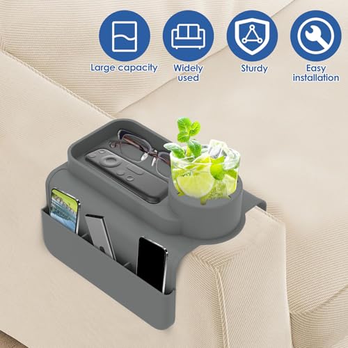 Silicone Sofa Armrest Tray with Dual Side Pockets, Anti-Slip Couch Cup Holder, Silicone Armchair Cup Holder for Drinks, Phone & Snacks, Arm Organizer for Living Room, Recliner, Car (Grey) - color: Grey