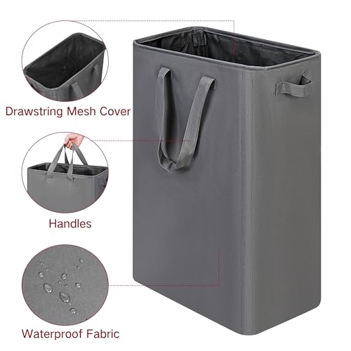efluky Slim Laundry Basket, Narrow Laundry Hamper with Handles, Collapsible Dirty Clothes Hamper, Tall Laundry Bin for Laundry Room, Dorm and Bedroom, 19.8 Gallon (75L) Grey (Pack of 2) - color: Grey, size: 75L without Lid (Pack of 2)