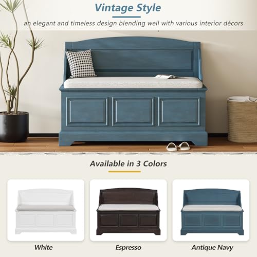 Knocbel Rustic Entry Storage Bench with Hidden Compartments and Removable Cushion, Wooden Entryway Hallway Foyer Shoe Bench Bedroom End of Bed Bench (Antique Navy and Beige) - color: Antique Navy and Beige