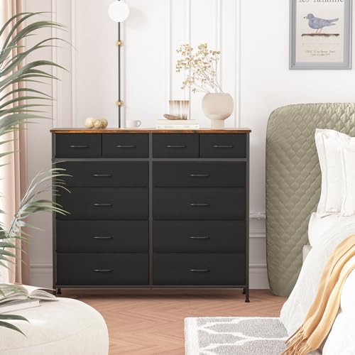 VASICAR Dresser for Bedroom with 12 Drawers, Tall Fabric Drawer Dresser, Compact Chest of Drawers for Closet, Nursery, Bedside, Living Room, Laundry, Entryway, Hallway - color: Rustic Black