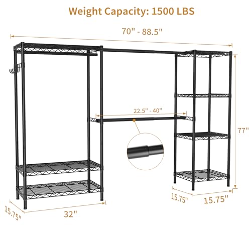 Golpart Heavy Duty Garment Rack Clothes Rack,Large Metal Closet Organizer System Storage Wardrobe,Freestanding Clothing Rack with 7 Adjustable Wire Shelves&3 Hang Rods,MaxLoad 1500lbs - color: Black, size: 15.75"D x (70~88.5)"W x 76.5"H