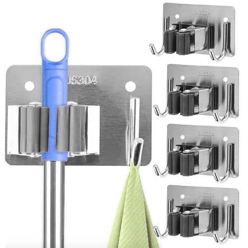 Mop and Broom Holder Wall Mount Stainless Steel 304 Tool Garage Organization Rack Scew and Self Adhesive Broom Hanger Heavy Duty 4pcs