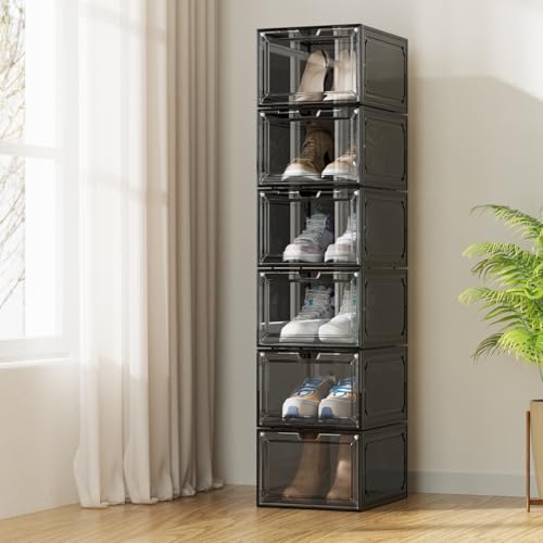 Shoe Box,Set of 6,Stackable Plastic Clear Shoe Box Organizer with Magnetic Door,Shoe Storage Box Thicken Sturdy,Easy Assembly,Fit up to US Size(Front opening door, Black) - color: Black, size: Front