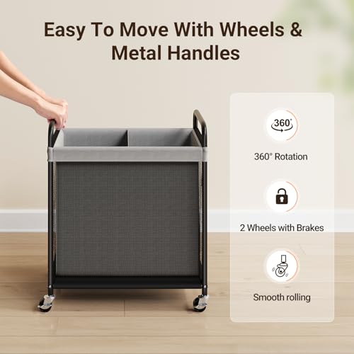 ELYKEN Laundry Hamper 2 Section, 100L Rolling Laundry Sorter with Removable Liner Bag, Laundry Basket with Wheels, Steel Frame with Metal Handle, Clothes Hamper Cart for Laundry Room & Bedroom - color: Gray, size: 2-Section