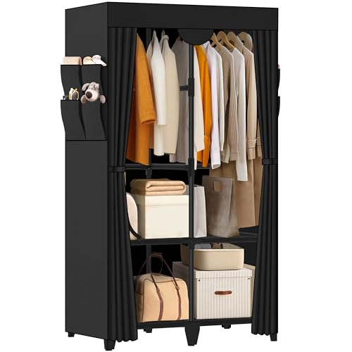 Wardrobe Closet, Quick and Easy Assembly, Black Portable Closet with 2 Hanging Rods 4 Storage Shelves and 8 Side Pockets, Sturdy and Stable Clothes Rack with Cover, for Bedroom and Dormitory - color: Black, size: 34 Inch