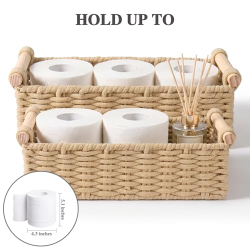 Boho Cotton Rope Storage Baskets Set of 2, Woven Wicker Organizer Bins with Wooden Handles, Small Decorative Boxes for Organizing, Toilet Paper Baskets for Bathroom Countertop, Shelves (Brown 2 Pack) - color: Brown 2 Pack