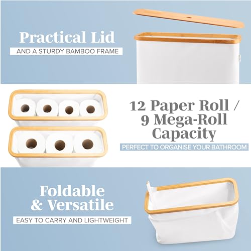 LONBET Toilet Paper Storage for 12 Rolls, Stackable & Foldable - The Ultimate Bathroom Organizer - Waterproof Basket with Bamboo Lid - Elegant Toilet Paper Storage Holder, Light Gray - color: Light Grey, size: 12 rolls