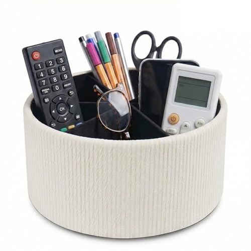 Remote Control Holder, 360°Spinning PU Leather Desk TV Remote Caddy,Desk Storage Box Room Accessories for Controller, Media,Mail,Calculator, Mobile Phone,Pencil(1-Big Wood Beige) - color: 1-Big Wood Beige