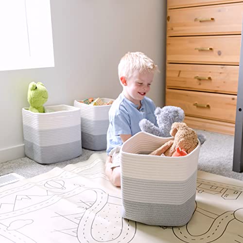 NaturalCozy Storage Cubes 11 Inch Cotton Rope Woven Baskets for Organizing, 3-Pack | Cube Storage Bin | Square Storage Baskets for Shelves Organizer, Classroom, Kids Toy Bins, Closet, Baby Nursery - color: 3-Tone Gray