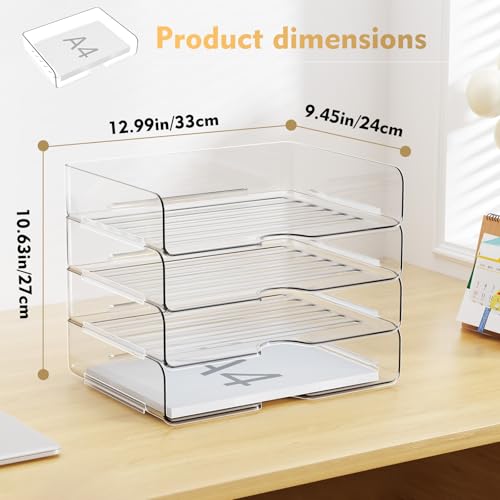 YKLSLH 4 Trays Paper Organizer Letter Tray - Acrylic Desk File Organizer, Stackable Clear Paper Holder Sorter Office Organizer for Letter/A4, Office File Ipad Books Notes Etc - color: 4 Tier-horizontal