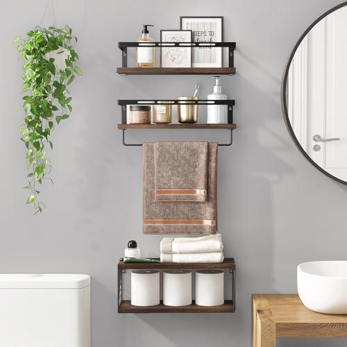 Fixwal 3+1 Tier Wall Mounted Bathroom Shelves Over Toilet, Rustic Wood Floating Shelves with Metal Frame and Towel Bar for Bathroom, Kitchen, Bedroom, Living Room (Dark Brown) - color: 6-dark Brown