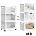 Stackable Storage Bins, Folding Collapsible Closet Organizers and Storage Bins Box, Plastic Shelves Drawer Organizer Container for Closet Office Bedroom Kitchen Bathroom with Wheels, White, 3 Pack