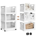 Stackable Storage Bins, Folding Collapsible Closet Organizers and Storage Bins Box, Plastic Shelves Drawer Organizer Container for Closet Office Bedroom Kitchen Bathroom with Wheels, White, 3 Pack