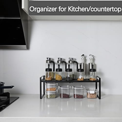 Expandable Cabinet Shelf Organizer Riser for Kitchen Pantry Cupboard Under Sink Countertop (black, 8.2’’D * 12.2-21.6’’W * 7.7’’H) - color: Black, size: 8.2''D * 12.2-21.6''W * 7.7''H