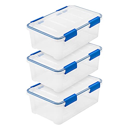 IRIS USA WeatherPro 16 Qt Storage Bins with Lids, 3 Pack, BPA-Free Plastic Gasket Box with Tight Latch and Seal, Stackable Nestable Tote Tub - Clear/Blue - size: 16 Qt. - 3 Pack