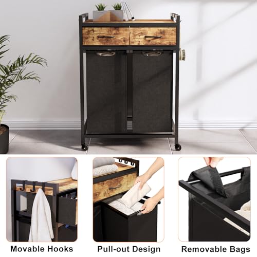 Timberer Laundry Hamper, Laundry Sorter 2 Section, Rolling Laundry Basket with Wheels, 2 Drawers, 2 × 14.5 Gal (55 L), Pull-Out and Removable Oxford Fabric Bags, Black and Rustic Brown - color: Black + Rustic Brown, size: 2 Bags (27.6"L x 12.9"W x 39.6"H)