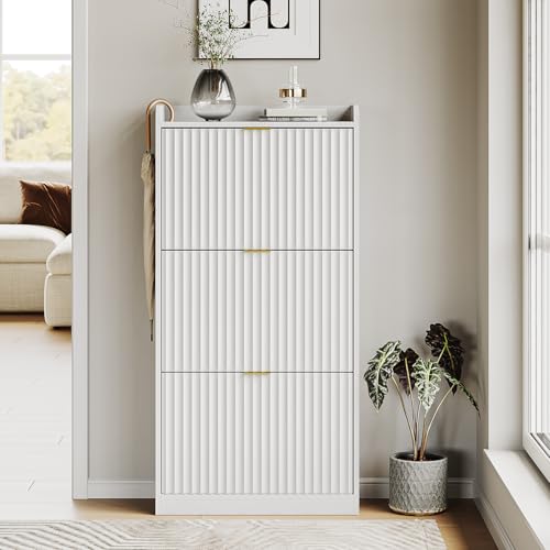 White Fluted Shoe Cabinet with 3 Flip Drawers, Narrow Shoe Storage Cabinet for Entryway, Freestanding Shoes Rack Organizer Cabinets with Adjustable Shelves for Entryway, Hallway - color: White, size: 3-Drawers