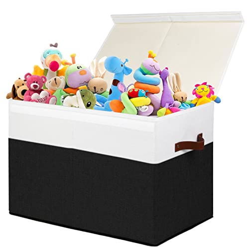 Gowee Large Toy Storage Box with Lid, Sturdy Toys Storage Chest Bin Organizer Basket with Dividers for Kids, Boys, Girls, Nursery, Closet, Bedroom, Playroom 25"x13" x16" (Black and White) - color: Black and White, size: 25"x13" x16"