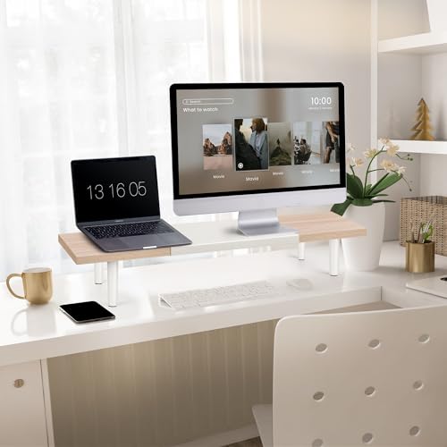 Across-Star Dual-Monitor-Stand-Riser-For-Desk Adjustable Length 32-40 Inch，Large Desktop Computer Monitor Riser For 2 Screens，Desk Shelf Organizer Riser Stand For Computer/Laptop/PC/Printer/TV Black - color: Maple, size: 32-40‘’ L*9.25‘’D*4.72‘’H