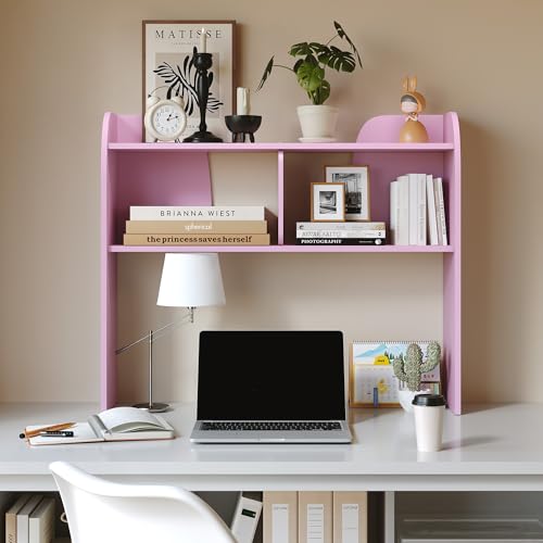 Wooden Desktop Bookshelf 37", 3-Tier Rounded-Edge Desk Storage Organizer, Space-Saving Countertop Shelf for Office Dorm Home, Pink - color: Pink