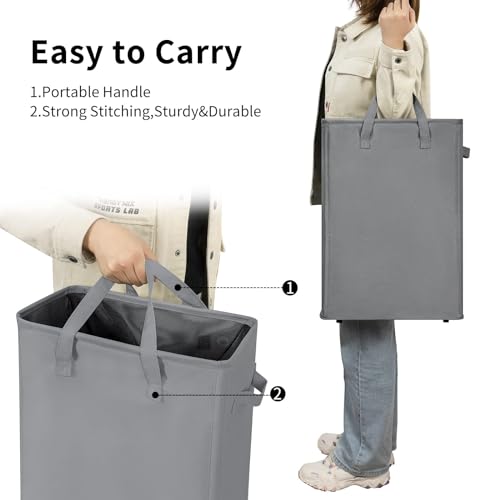 ZERO JET LAG Slim Laundry Hamper With Handles Collapsible Laundry Basket Thin Dirty Clothes Basket Narrow Laundry Bag Foldable Dirty Cloth Hamper 45L (24 inches,Grey) - color: Gray (With Handles)