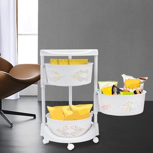 Rotating Storage Cart, 3/4/5 Layer Kitchen Storage Rack, Standing Storage Rack with Lockable Casters, Multi-Layers Rotatable Baskets for Kitchen Bathroom (3-Tier)