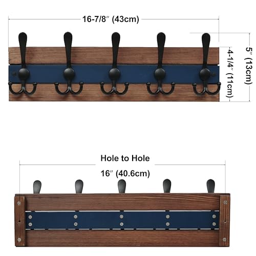 SKOLOO Rustic Wall Mounted Coat Rack - 16-7/8" Long Coat Hooks for Wall with 5 Triple Hooks for Hanging Coats, Hats or Tools, Western National Parks Collection, Wood Brown & Blue - color: Blue & Brown Plates & Black Hook, size: 1 Item-5 Hooks