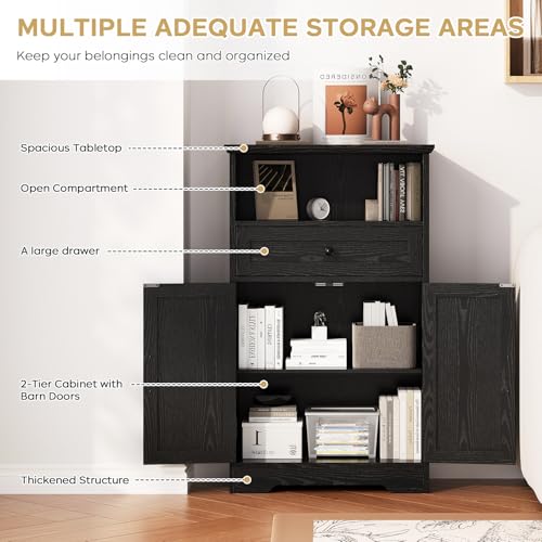 Floor Cabinet, Farmhouse Storage Cabinet with Barn Doors and Drawer, Freestanding Adjustable Shelf Organizer for Bathroom, Kitchen, Living Room Black - color: Black, size: 39.4"H x 23.6"W x 11.8"D