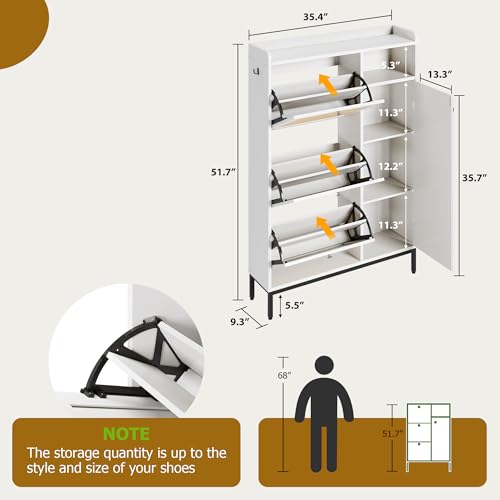 GarveeHome Shoe Cabinet Rattan with 3 Flip Drawers and 4-Tier Shoe Storage Cabinet, Freestanding Shoe Organizer with Adjustable Shelves for Entryway, Closet, Hallway (White) - color: White, size: 3-Drawers + 1-Door