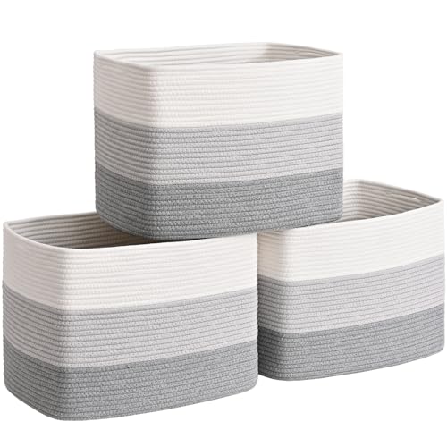 3 Pack Cube Storage Bin, 17”x12”x12” Cotton Rope Woven Baskets for Organizing Toys Clothes Towels, Square Gift Storage Baskets for Shelves, Nursery, Closet, Bathroom, Pantry (3-Tone Gray) - color: 3-Tone Gray, size: 17" x 12" x 12"