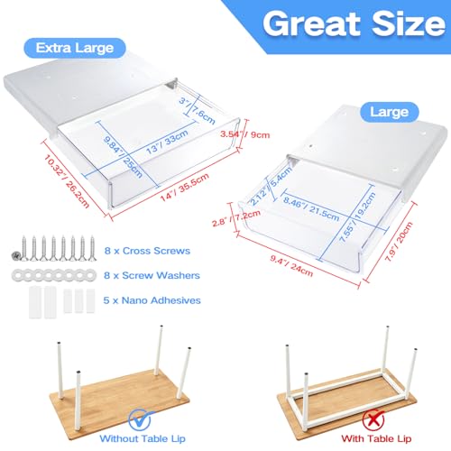 OSPNIEEK Self-adhesive Under Desk Drawer Organizer, 2 Pack Table Hidden Slide Out Large Storage Mounted Desktop Pencil Holder Tray Drawers for Office Home School Stationery Kitchen (XL+L, White) - color: Matte White, size: Extra Large + Large