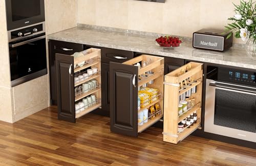 OCG 5" Pull-Out Solid Wood Storage Organizer for Base Cabinets, Soft Close 3 Tier Narrow Pull-out Wooden Storage Rack for Spices, Utensils, and Kitchen Tools - size: 5" W x 22" D Wood (3 tier)