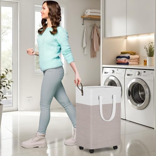 HomeHacks Laundry Basket with Wheels, Rolling Laundry Hamper, Collapsible & Waterproof Clothes Hamper, Narrow Corner Bins with Extended Handles for in the Family & Dorm 90L, Khaki - color: Khaki, size: 90L