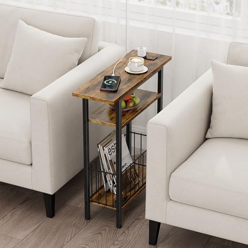 Vagusicc Narrow Side Table with Charging Station, 3-Tier Skinny Side End Table for Couch Sofa, Small End Side Tables for Small Spaces, 25.2" Tall Slim Nightstand for Living Room, Bedroom, Rustic Brown - color: Rustic Brown, style: With Plug
