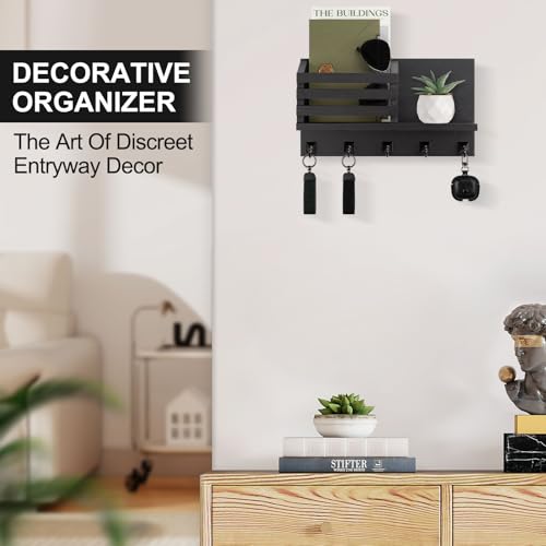 Key Holder Wall Mount, Mail Organizer for Wall with 5 Square Rustic Key Hooks Key Shelf Farmhouse Home Decor for Entryway - color: Black