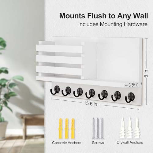 Lwenki Key Holder for Wall – Decorative Wooden Mail Holder and Key Shelf with Mounting Hardware, Installation Guide – Paulownia Wood with Metal Key Hooks (White, Extra Large - 15.6inch) - color: White, size: Extra Large - 15.6inch