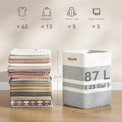 Nunsino 87L Laundry Hamper,Laundry Basket with Leather Handles,Woven Storage Basket for Toys,Pillows,Blankets,Clothes,Grey White - color: Grey&White, size: 87 L