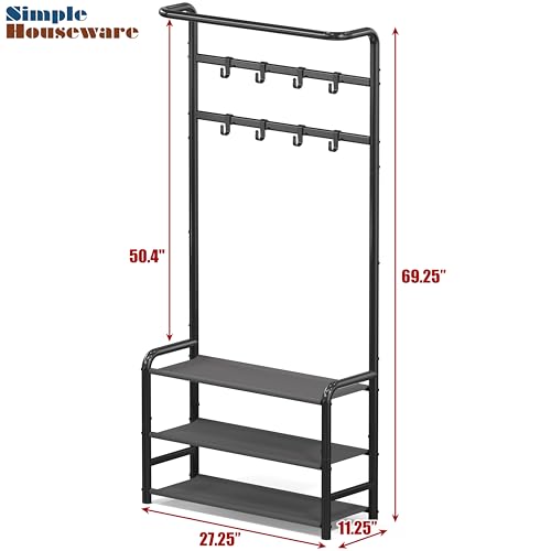 Simple Houseware Coat Rack with Storage Shelf, Freestanding Hall Tree with Hooks for Entryway, Bedroom, Office, Black Metal Clothes Hanger Stand for Coats, Hats, Jackets, Bags - Black - color: Black
