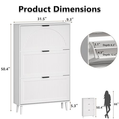 BORNOON Shoe Cabinet for Entryway with 3 Flip Drawers, Slim Wooden Shoe Storage Organizer with Modern Fluted Pannel，Freestanding Narrow Hidden Shoe Rack for Hallway, Foyer, Living Room - color: White, size: 3 Flip Drawers