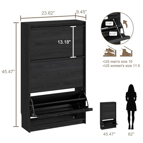 Shoe Cabinet with 3 Flip Drawers, 23.62" W Narrow Shoe Storage Cabinet for Entryway, Slim Shoe Organizer with Adjustable Shelves, Freestanding Shoe Rack for Hallway, Living Room, Black - color: Black, size: 9.45"D x 23.62"W x 45.47"H