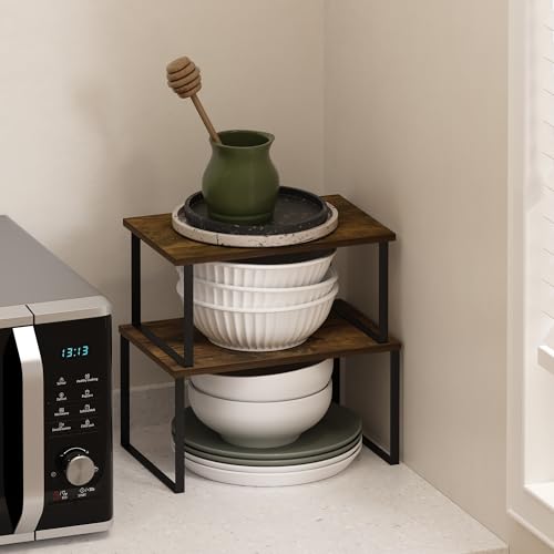 Furinno RAVEL Kitchen Countertop Organizer Set of 2, Counter Shelves, Kitchen Storage, Expandable, Stackable, Spice Rack, for Kitchen, Pantry, Coffee Bar, Amber Pine - color: Amber Pine/Black, size: 2-Pack, Nesting