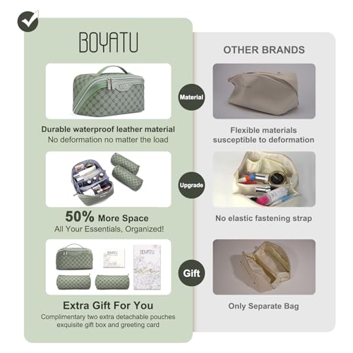 BOYATU Travel Makeup Bag Cosmetic Bags for Women: 3 Pcs Set Large Capacity Make up Bag with Handle - Vegan Leather Toiletry Bags with Compartments - Makeup Organizer for Travel Essentials(A-5-Green) - color: A-5-Green