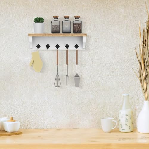 Nekon Key Holder for Wall, 11.8" W x 3.5" H x 2.8" D Decorative Key Organizer with Floating Shelf, Wall Mount Key Rack with 5 Hooks (Wood) - color: Wood