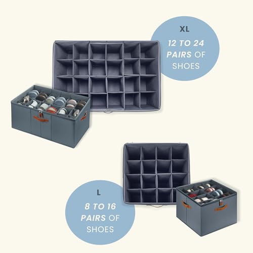 OrganiHaus Large Shoe Storage Bin for Closet, Shoe Organizer Box Fits up to 16 Pairs, Collapsible Fabric Shoe Basket w/Clear Cover, Adjustable Dividers & Reinforced Handles, Grey - color: Gray