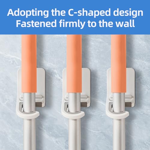 3 Pack，Broom and Mop Holder Wall Mount No Drill，Mop and Broom Gripper，Broom Handle Hanger，Household Cleaning Organizer, Holds up to 6 lb